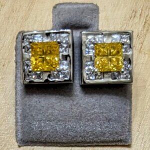 🆕.925 STERLING SILVER WHITE & CANARY YELLOW SQUARE PRINCE CUT STUD EARRINGS